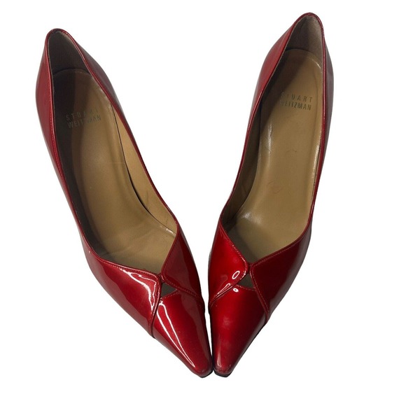 Stuart Weitzman SZ 6.5 Red Patent Leather Pointed Toe Candy Apple Slip on Pumps - Picture 9 of 10